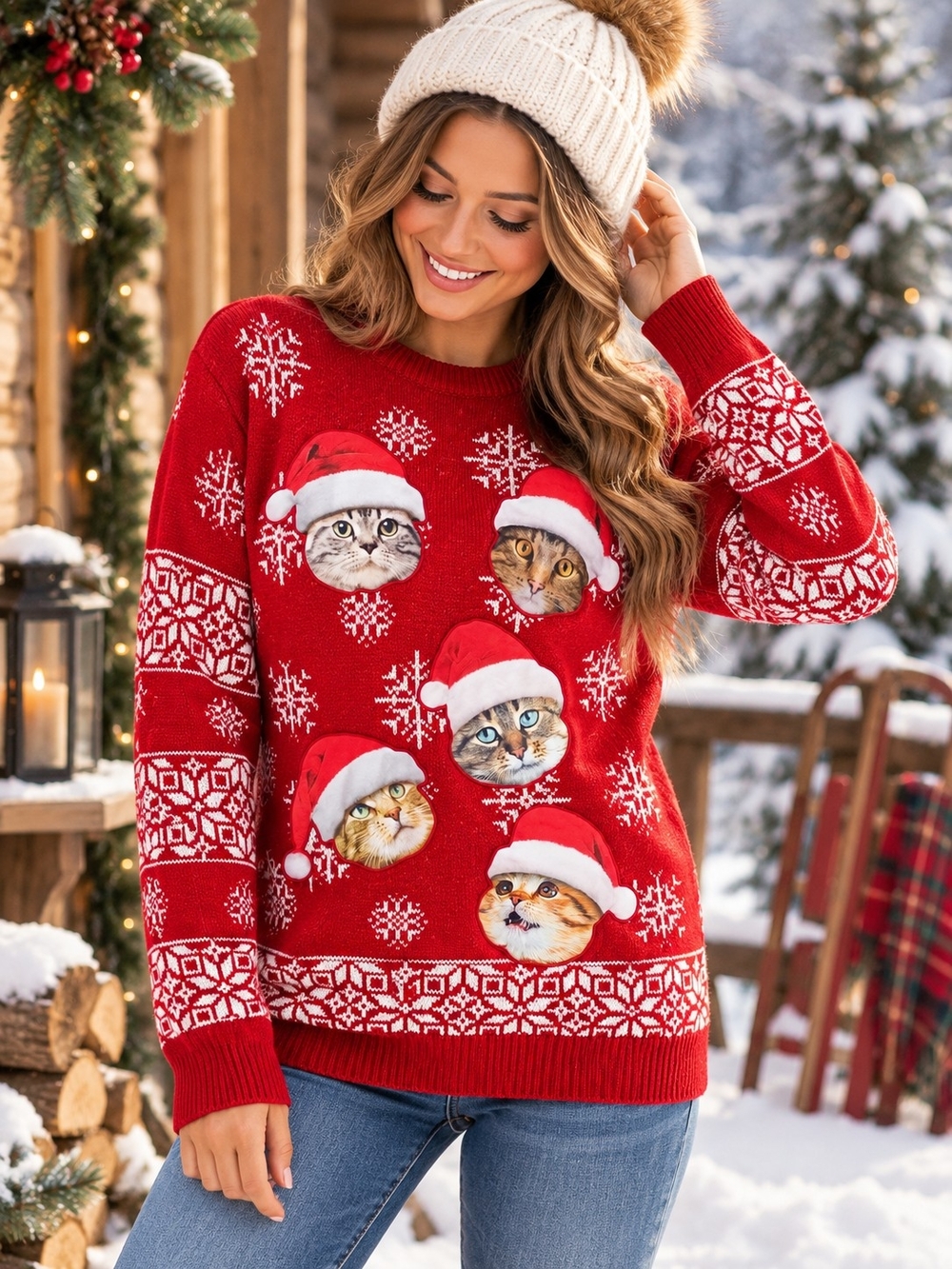 Women’s Red Holiday Cat Knit Sweater - Festive Crew Neck